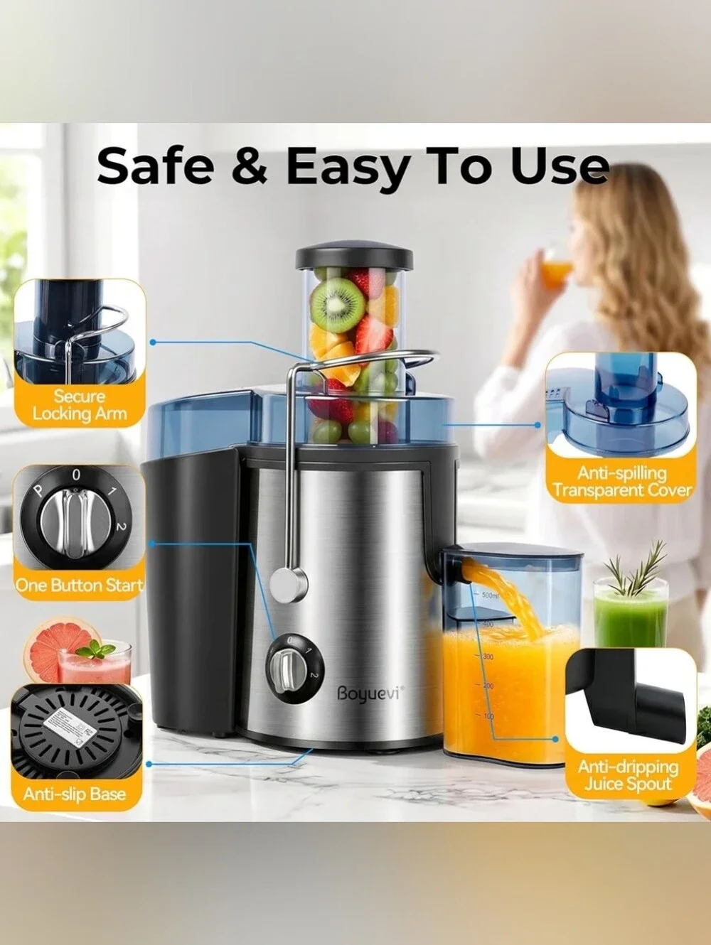 Boyuevi Juicer Machine, 800W Centrifugal Juicer for Whole Fruits and Vegetables